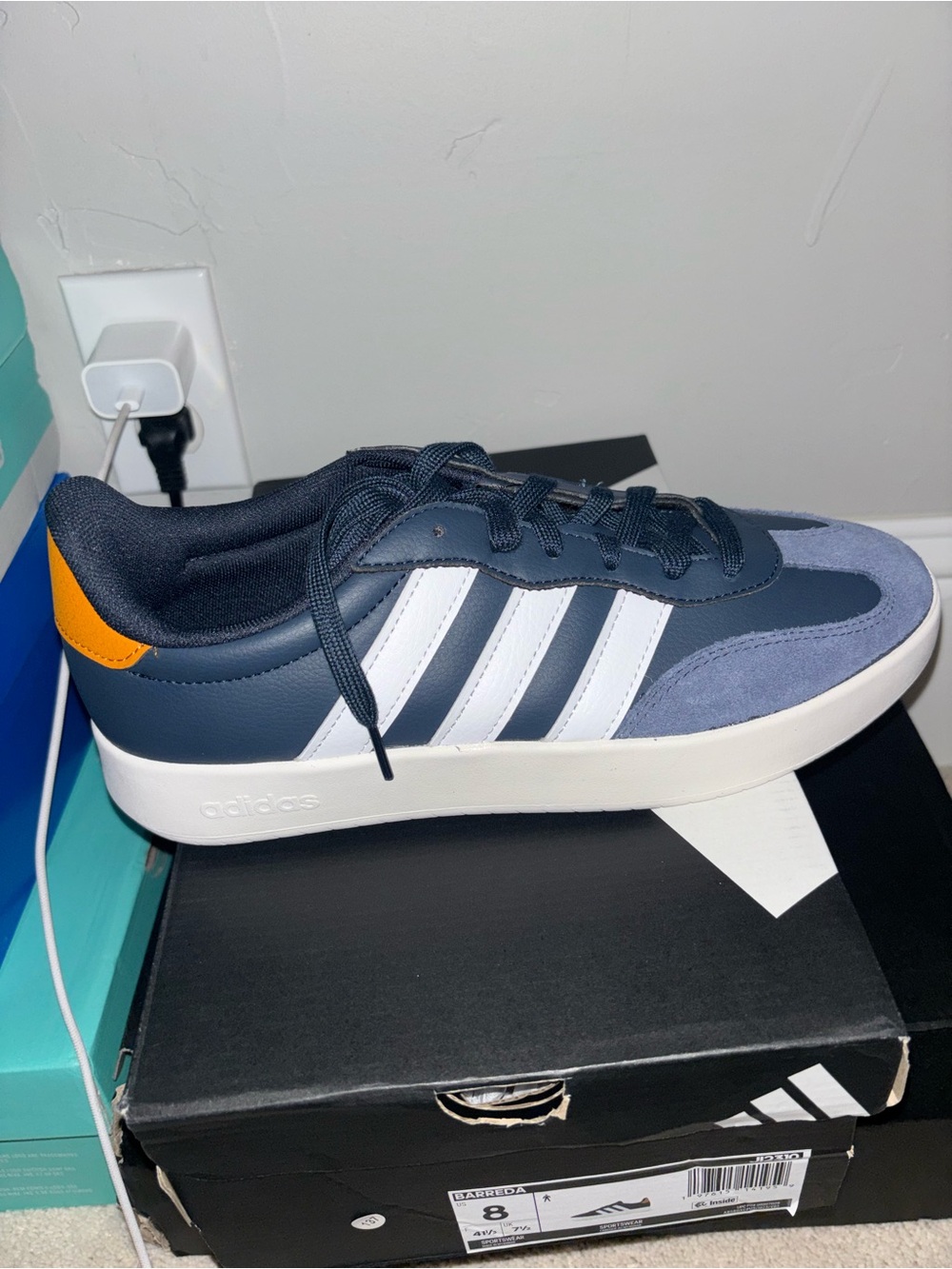 adidas women's Navy and White Sneakers with Orange Heel Accent